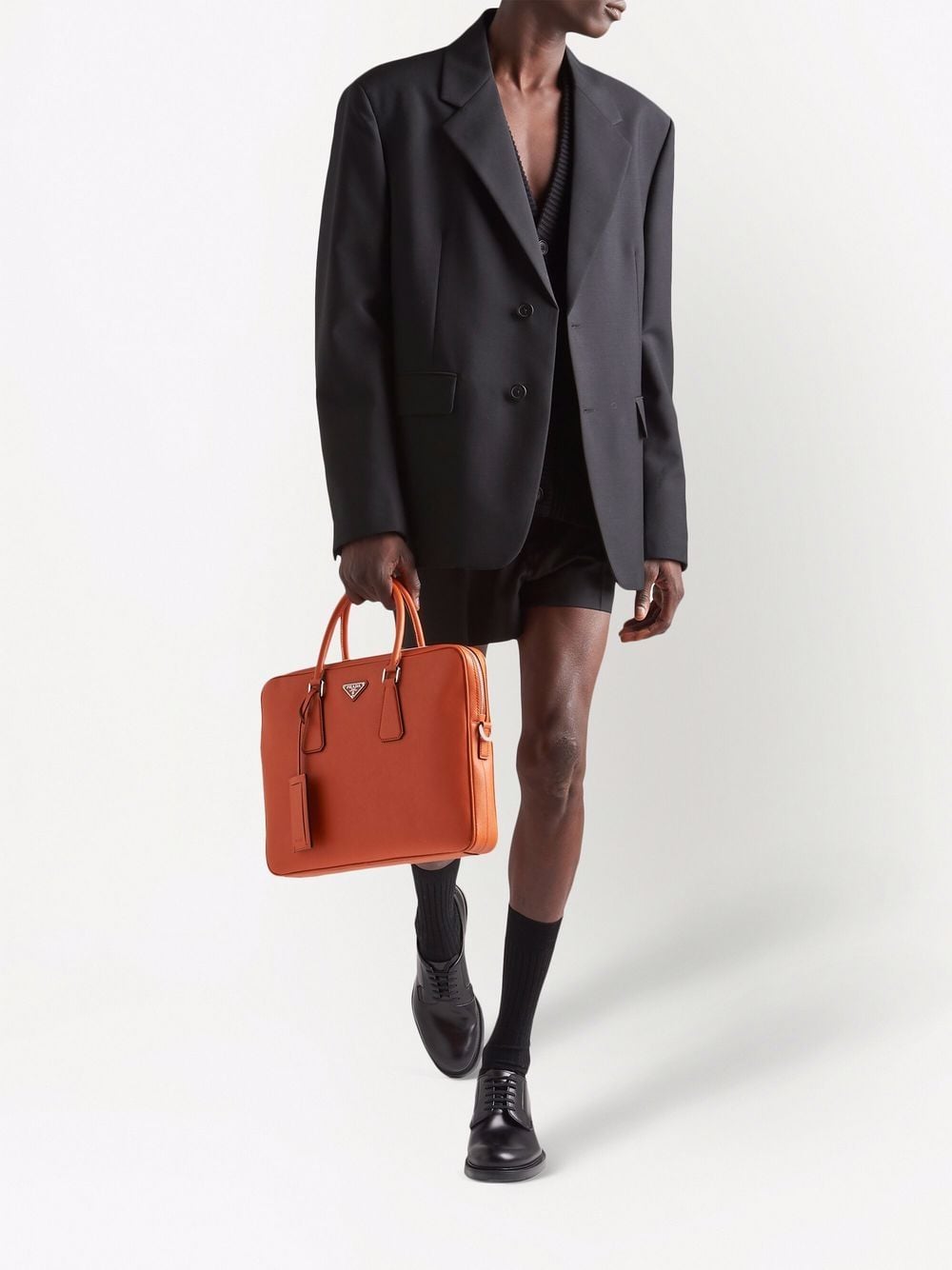 Pra*a triangle-logo saffiano leather briefcase